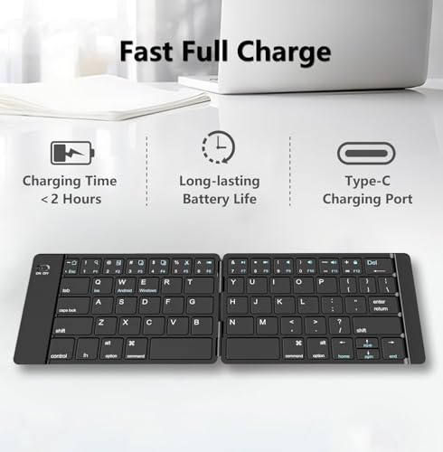 PopBloom Foldable Bluetooth Keyboard - Portable Keyboard, Rechargeable Full Size Ultra Slim Compatible iOS Android Windows Smartphone Tablet and Laptop (Only Keyboard) - color: Elegant Blue-Black Keyboard, No Bag