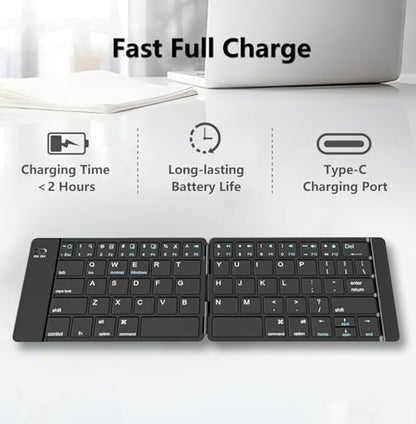 PopBloom Foldable Bluetooth Keyboard - Portable Keyboard, Rechargeable Full Size Ultra Slim Compatible iOS Android Windows Smartphone Tablet and Laptop (Only Keyboard) - color: Elegant Blue-Black Keyboard, No Bag