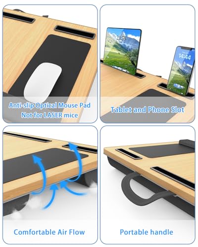 Laptop Lap Desk, Portable Large Laptop Desk for Bed, Up to 17 in Laptop Table with Wrist Rest, Mouse Pad, Tablet Phone Slot, Portable Handle, Laptop Lap Table with Cushion (Black and Light Brown)