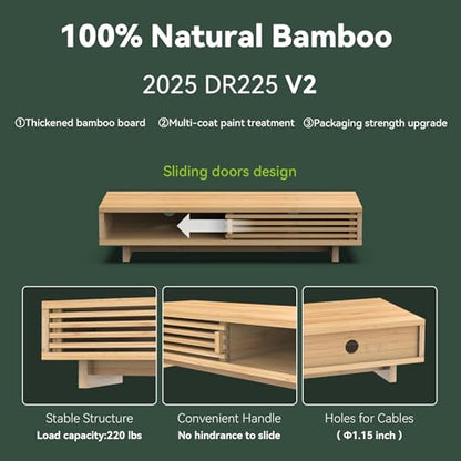 25" Monitor Stand with Sliding Doors Desk Shelf Bamboo | Computer Monitor Riser Shelf for 47-55 Inch Desk Aesthetic Workplace Computer Setup Desktop Organizer Easy Assembly