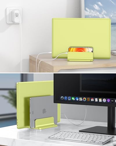 OMOTON Vertical Laptop Stand [Updated Double Version], Desktop Aluminum Mac Book Stand with Adjustable Dock Size, Fits All Mac Book, Surface, Chrome Book and Gaming Laptops (Up to 17.3 inch), (Citron) - color: Citron