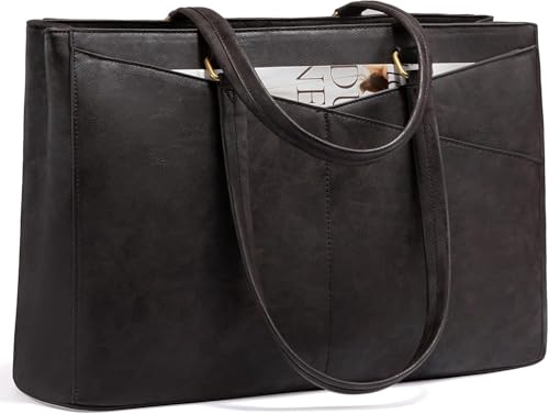 LOVEVOOK Laptop Bag for Women,17.3 Inch Laptop Tote Bag for Women,Vintage Leather Work Tote Bags Computer Teacher Bag,Waterproof Business Bag Office Briefcase - color: Black Coffee, size: 17.3 inch