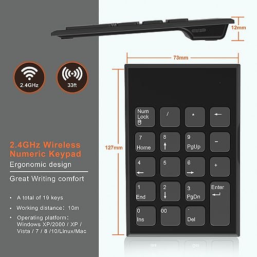 Rytaki Pro Wireless Number Pad and Mouse, 19 Keys Portable Ultra Slim 2.4GHz 10 Key USB Keypad and 3 Adjustable DPI Silent Mouse Set for Laptop, Notebook, Desktop, PC Computer - Use One USB Receiver