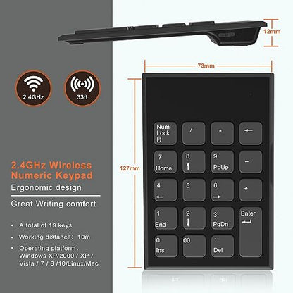 Rytaki Pro Wireless Number Pad and Mouse, 19 Keys Portable Ultra Slim 2.4GHz 10 Key USB Keypad and 3 Adjustable DPI Silent Mouse Set for Laptop, Notebook, Desktop, PC Computer - Use One USB Receiver