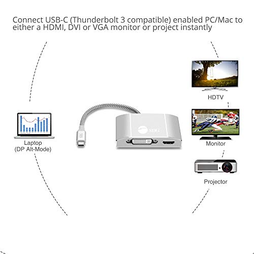 SIIG USB-C to HDMI, DVI and VGA Adapter with 60W PD, CB-TC0911-S1 | Connect a USB-C laptop to HDMI, DVI or VGA displays; 60W pass-through charging supports compact presentation setups.