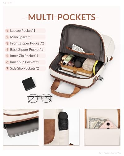Leather Laptop Backpack 15.6 inch Womens Computer Bag Beige | 3-in-1 laptop purse: Dedicated 15.6" Compartment, 7-Pocket Organizer, Colorful Shoulder Strap, Work & Travel Ready - color: Beige Brown