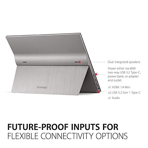 ViewSonic VG1655 15.6 Inch 1080p Portable Monitor, IPS Display with Eye Care for Comfortable Mobile Workspaces and Second Screen Productivity, Built-in Stand, 60W USB-C, and mini HDMI Inputs - style: 1920 x 1080