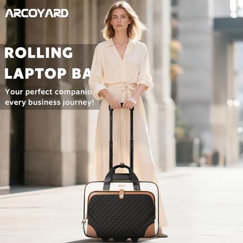 Arcoyard Rolling Laptop Bag, Large Rolling Briefcase for Women with Waterproof Pocket, 17.3 Inch Computer Bag Laptop Case with Wheels, Roller Work Bag for Office Travel Business Teacher, Beige Brown