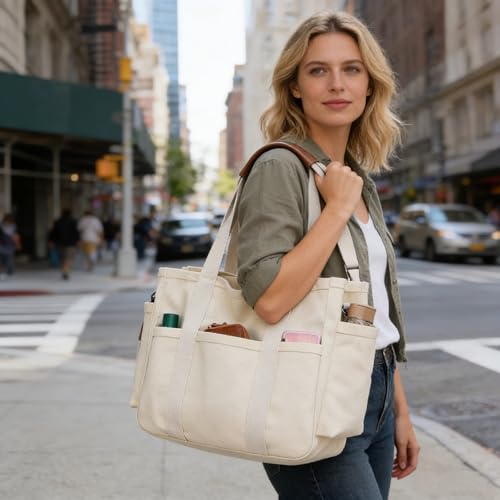Eagerrich Canvas Crossbody Tote Bag with Multi Pockets for Women Work Large Handbags Shoulder Bag Messenger Bag Travel Purse - color: White