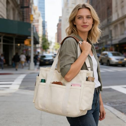 Eagerrich Canvas Crossbody Tote Bag with Multi Pockets for Women Work Large Handbags Shoulder Bag Messenger Bag Travel Purse - color: White