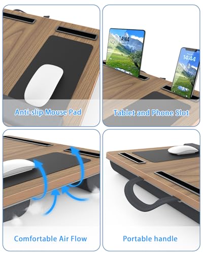 Laptop Lap Desk, Portable Large Laptop Desk for Bed, Up to 17 in Lap Table with Wrist Rest, Mouse Pad, Tablet Phone Slot, Portable Handle, Cushion (Dark Brown Woodgrain) - color: Dark Brown Woodgrain