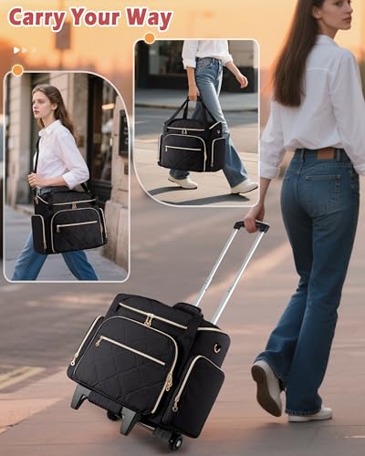 Marscamd Rolling Teacher Bag with 15.6" Laptop Compartment for Work | Multi-Slot Front Pocket, Detachable Trolley & Shoulder Straps, Water-Resistant, Women Work Briefcase Tote with Wheels (Black) - color: Black
