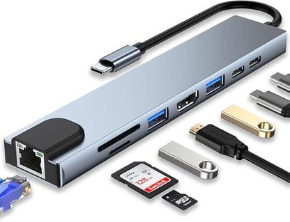 USB-C Hub, 8-in-1 Multiport Adapter with HDTV, USB 3.0, RJ45 Ethernet, SD Card Reader, and USB-C Charging Port