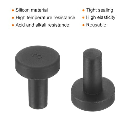 uxcell High Temp Silicone Plug Mount Dia 3mm/0.12 inch t Shaped Rubber Stopper Hole Plugs for Powder Coating Plating Waterproof Plugs Sealing Plugs Black Pack of 12(OD 7mm) - size: 3x7mm