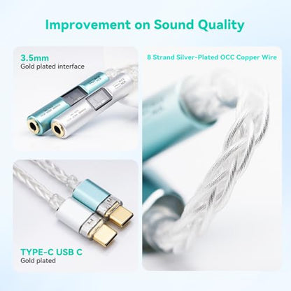 NICEHCK NK1 MAX Silver CX31993 Dual Chip USB C to 3.5 HiFi DAC Amp Cable | DAC dongle with CX31993+MAX97220 dual chips, upgraded 8-strand silver-plated OCC cable,supports 32bit/384kHz lossless audio - color: Pale Silver