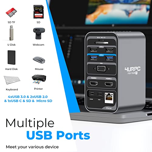 USB C Docking Station Dual Monitor 7 USB A/C, Plug and Play | 2 HDMI+VGA, SD/microSD, Ethernet, Audio, 65W Power Adapter, Laptop Docking Station for Windows Lenovo/HP/Dell, Home Office