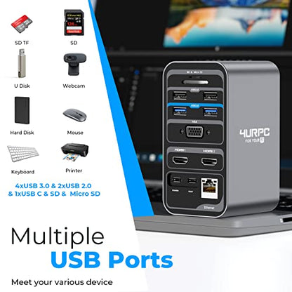 USB C Docking Station Dual Monitor 7 USB A/C, Plug and Play | 2 HDMI+VGA, SD/microSD, Ethernet, Audio, 65W Power Adapter, Laptop Docking Station for Windows Lenovo/HP/Dell, Home Office