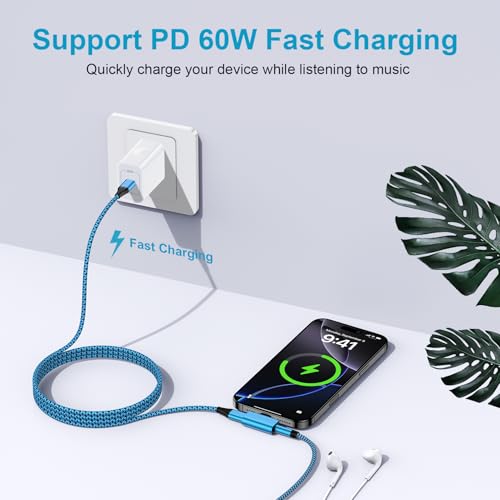 USB C to 3.5mm Headphone and Charger Adapter,2in1 USB C to Aux Jack Adapter | Audio Adapter with PD 60W Fast Charging Dongle Cable Convertor for Samsung Galaxy S26 Ultra/S25 FE/A17/A16/Z Flip7 iPhone 17 - color: blue