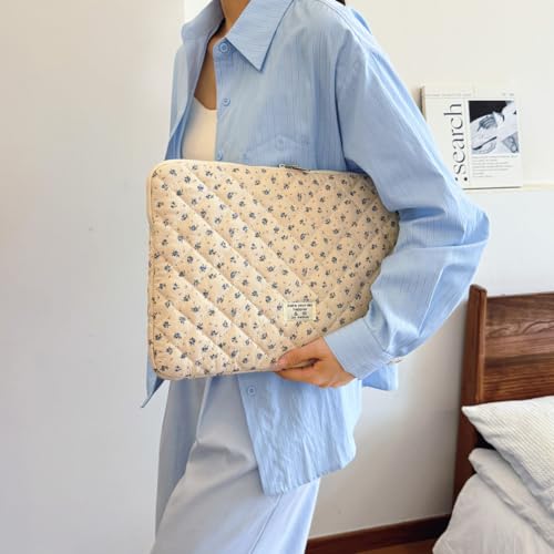 Cute Laptop Sleeve 13-15 inch Laptop Case Aesthetic Quilted Laptop Sleeve Computer Bag with Flower Printing for MacBook (A-Blue, 15inch) - color: A-blue, size: 15inch