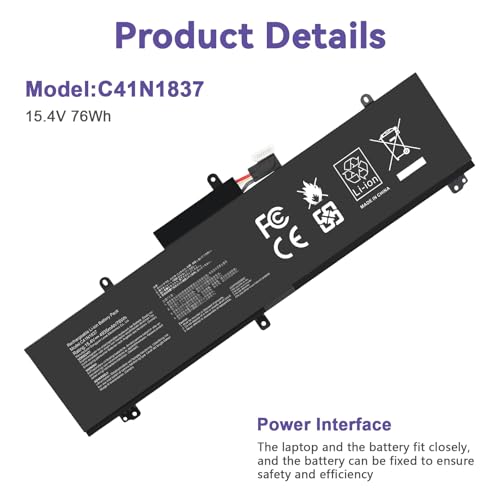 C41N1837 Laptop Battery for ASUS ROG Zephyrus G15 GA501I GA502 GA502D GA502DU GA502GU GA502IV GU502 GU502DU GX502GW GX532GV GU532GW GU502LU GU502LW GU502LV GX502LXS GX502GV GX502GW 0B200-03380100 - size: 11.3*3.81*0.5inch