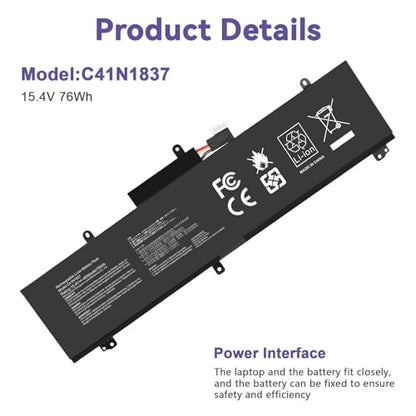 C41N1837 Laptop Battery for ASUS ROG Zephyrus G15 GA501I GA502 GA502D GA502DU GA502GU GA502IV GU502 GU502DU GX502GW GX532GV GU532GW GU502LU GU502LW GU502LV GX502LXS GX502GV GX502GW 0B200-03380100 - size: 11.3*3.81*0.5inch