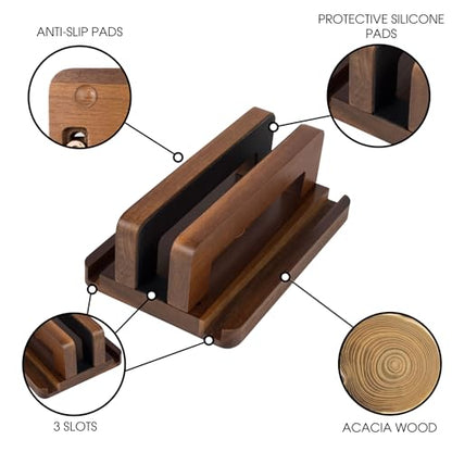 S&A WOODCRAFT 3 Slots Acacia Wood Vertical Laptop Stand, Adjustable Wooden Laptop Holder, Non-Slip Laptop Dock Compatible with Apple MacBook, Microsoft Surface, Gaming Laptops, IPad, Tablets - color: Brown Acacia, size: 3 Slots