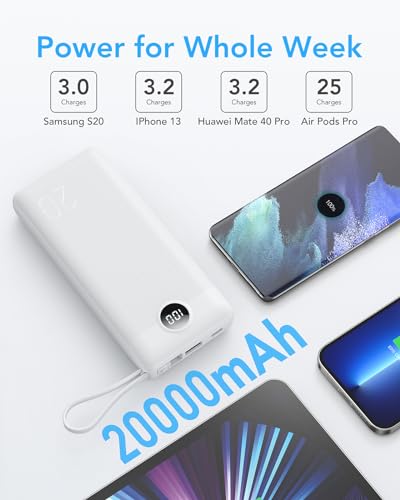 VRURC Portable Charger 20000mAh, Built-in Cables Fast Charging Power Bank, PD QC 3.0 Travel Essentials Battery Pack, 4 Output & 2 Input Phone Charger for iPhone16 15 14 13 X, Samsung, Android - color: White