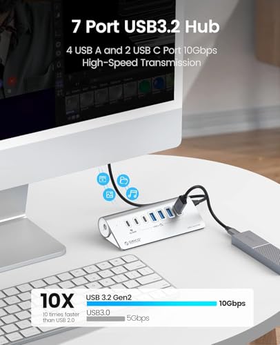 ORICO 7-Port USB 3.2 Gen2 Hub, Powered USB 3.2 Hub with 4 USB-A, 2 USB-C, PD 60W, 72W Power Adapter, 10Gbps Aluminium USB-Splitter with 3.28Ft USB-C to USB-C Cable for iMac, MacBooks, Mac mini - size: 100cm, style: M3U4C3