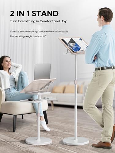 2 in 1 Adjustable Book Stand - Dual-Use Floor and Desktop Book Holder Stand, Height Adjustable 23.5-52 in, Elastic Page Clips for Music Sheet, Recipe, Tablet, Laptop-White - color: White