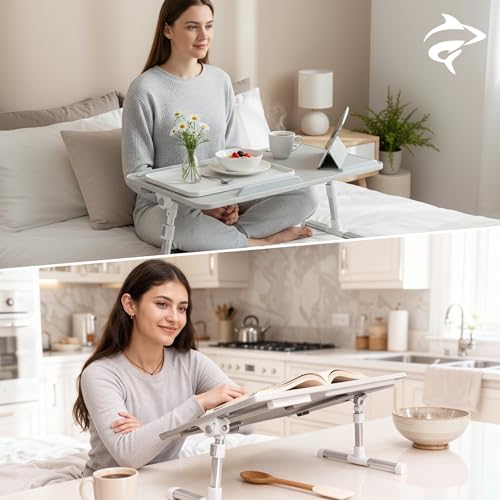 GoShark Lite 2-in-1 Laptop Bed Desk & TV Tray Table for Couch - Portable Foldable Stand with Adjustable Height & Angle for Work, Dining, Study - Detachable with Secondary Surface & Device Slots