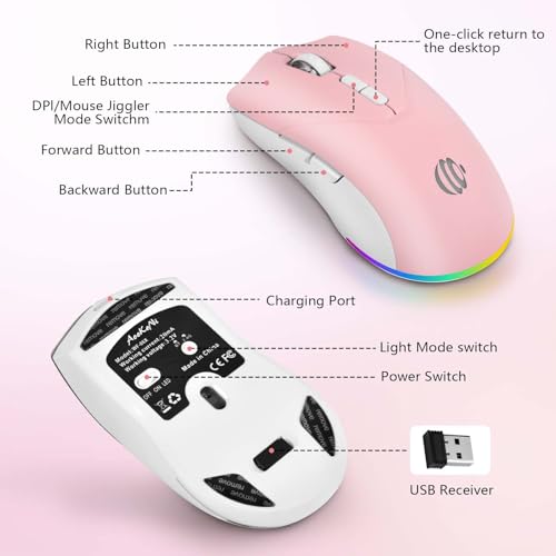 Wireless Mouse, Bluetooth Mouse for Laptop, Rechargeable, Dual Mode (BT 5.2 + 2.4G ) Silent Wireless Bluetooth Pnk Mouse, Laptop Mouse,Ergonomic Design, 3-Level Adjustable DPI Mouse for iPad, Mac, PC