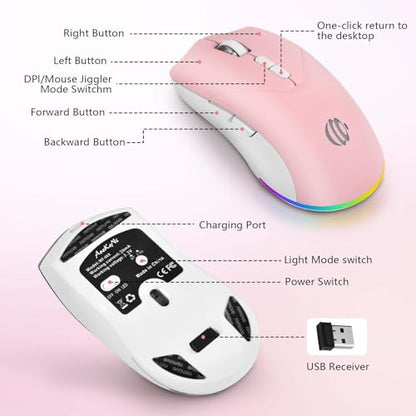 Wireless Mouse, Bluetooth Mouse for Laptop, Rechargeable, Dual Mode (BT 5.2 + 2.4G ) Silent Wireless Bluetooth Pnk Mouse, Laptop Mouse,Ergonomic Design, 3-Level Adjustable DPI Mouse for iPad, Mac, PC