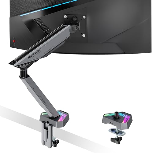ARES WING RGB Single Monitor Arm Desk Mount for 17-45 inch Monitors, Gray | Monitor Arm Desk Mount Holds 35.2 lbs Heavy Duty, Adjustable Ultrawide Monitor Arm with Clamp & Grommet Base, 75/100 VESA - color: Gray, size: 17"-45"