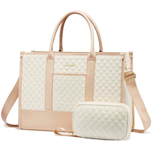 LOVEVOOK Laptop Bags for Women, 17 inch Waterproof Work Tote Bag with Clutch, Professional Teacher Computer Purse Lightweight Shoulder Bag Travel, Quilted Beige & Brown - color: Beige Brown, size: 17 inch