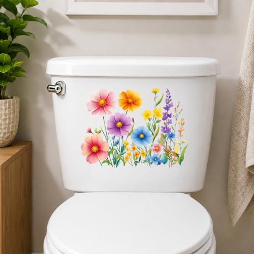 Wildflower Toilet Seat Sticker, Watercolor Floral Self Adhesive Vinyl Toilet Tank Lid Decal, Removable Waterproof Flower Toilets Decor Decals for Bathroom Fridge Laptop Decor
