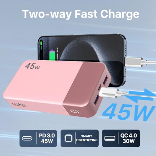 NOBIS Portable Charger 45W 20000mAh Power Bank Fast Charging | 2C+2A Battery Pack with C to C Cable, Battery Bank with Digital Display for iPhone Android Laptop etc - color: Pink