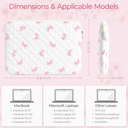 13-14 inch Cotton Quilted Laptop Sleeve for Women, Aesthetic Puffy Laptop Case Carrying Bag Compatible with MacBook Air/Pro 13/Pro 14, Soft Computer Liner Bag (Pink Bow, 13.3 inch) - color: Pink Bow, size: 13.3 inch