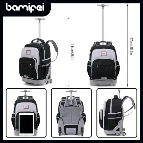 18 Inch Black Rolling Backpack for Kids, Black Climb Stairs Rolling Backpack Carry On Wheeled School Backpack, Spacious Multiple Compartments Quiet Wheels Travel Backpack for Boys