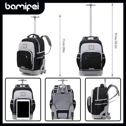 18 Inch Black Rolling Backpack for Kids, Black Climb Stairs Rolling Backpack Carry On Wheeled School Backpack, Spacious Multiple Compartments Quiet Wheels Travel Backpack for Boys