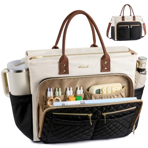 LOVEVOOK Tote Bag for Women, Teacher Nurse Work Laptop Bag, Quilted Bible Computer Shoulder Bag for Business Travel College - color: Black-beige-brown, size: 17.3 Inch