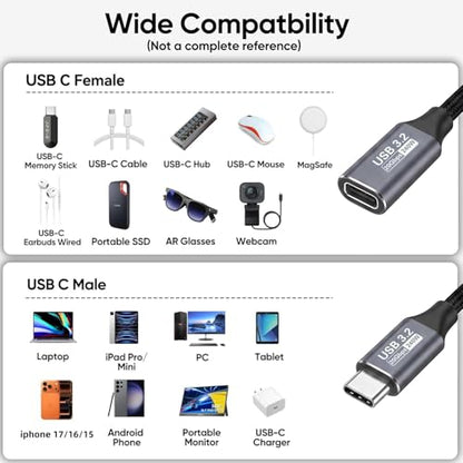 2 Pack USB C Extension Cable (20Gbps/240W/4K@60Hz/3.3Ft), USB 3.2 Gen 2,Usbc Extension Cable Compatible with iPhone 17 16 15,Pixel PSVR2, MacBook, Docking Station, Monitor, eGPU, SSD - size: 3.3Ft/1M（2Pack）