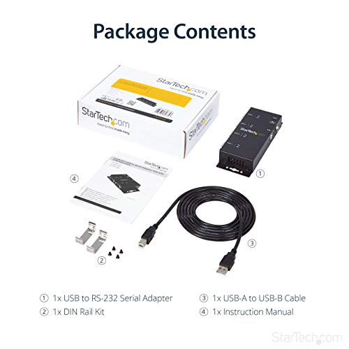 StarTech 4-Port USB to Serial RS232 Hub, Industrial, TAA (ICUSB2324I) | FTDI USB to DB9 RS-232 Adapter Hub, DIN Rail and Wall Mountable, COM Port Retention - style: 4-Port