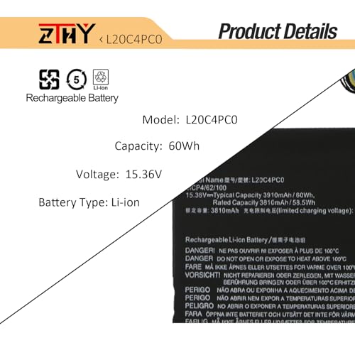 L20C4PC0 L20D4PC0 Battery Replacement for Lenovo Legion 5-15ACH6 5-15ACH6A | 5-15ACH6H 5-15IAH7 5-15IAH7H 5-15ITH6 5-15ITH6H Ideapad Gaming 3-15ACH6 Series Laptop L20L4PC0 L20M4PC0 15.36V 60Wh 3910mAh - size: 9.06*3.15*0.35 inch L20C4PC0
