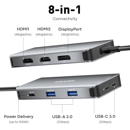 UANTIN USB C Docking Station Dual Monitor, Laptop Docking Station 3 Monitor | 8 in 1 USBC Hub Triple Display USB C Adapter to 4K@60Hz Dual HDMI, DP, 2 USBA & USBC, 100W PD, for Dell,HP