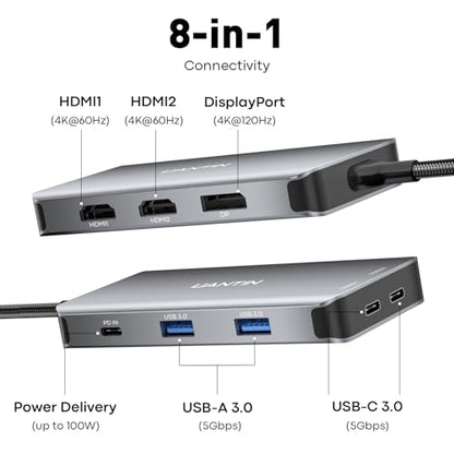 UANTIN USB C Docking Station Dual Monitor, Laptop Docking Station 3 Monitor | 8 in 1 USBC Hub Triple Display USB C Adapter to 4K@60Hz Dual HDMI, DP, 2 USBA & USBC, 100W PD, for Dell,HP