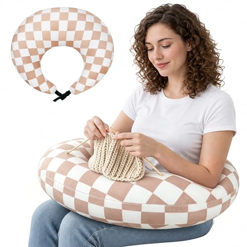 Ergonomic U-Shaped Gaming & Lap Pillow for Crocheting - Cute Geometric Grid Crochet Pillow with Elbow & Arm Support, Lap Desk Pillows for Reading, Playing or Crocheting, Suitable for Adults - Brown - color: Brown