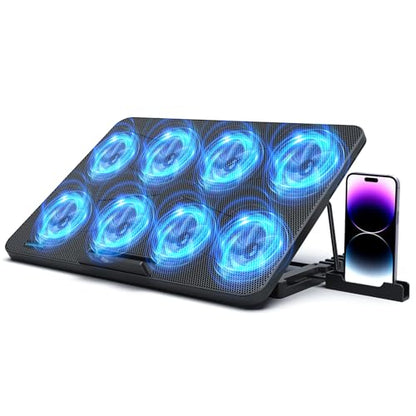 Laptop Cooling Pad, Laptop Cooler with 8 Quiet Fans for 12-17 Inch Gaming Laptop Fan Cooling Pad Stable Stand 7 Height & Wind Speed Adjustable, 2 USB Port & Phone Holder - color: Black Blue-LED 8 Fans