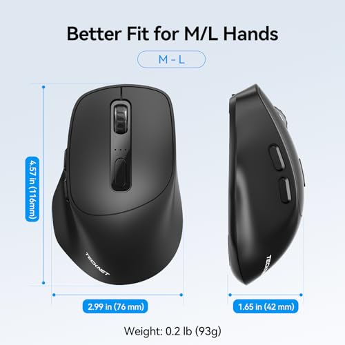 TECKNET Wireless Mouse, BT 5.0/2.4G, Rechargeable Silent 6 Buttons, Black | 3-Device Easy Switch, Bluetooth 5.0/3.0 & USB A, Wide OS Compatible, 6-DPI up to 4800, Ergonomic for M/L Hands - color: Black