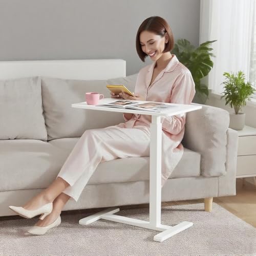 Mobile Small Standing Desk with Hidden Wheels, Pneumatic Laptop Desk, Rolling Computer Cart Movable, Portable Rolling Computer Sit Stand Side Table for Couch, Home, Office, White - color: White