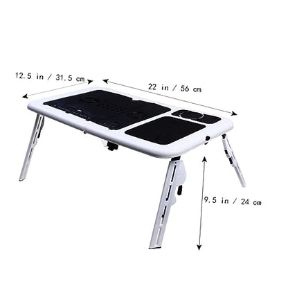 OSALADI Foldable Laptop Table with Dual Fans and Adjustable Height Ergonomic Tray for Bed Couch Desk Black White Design with Mouse Platform and Non-Slip Legs